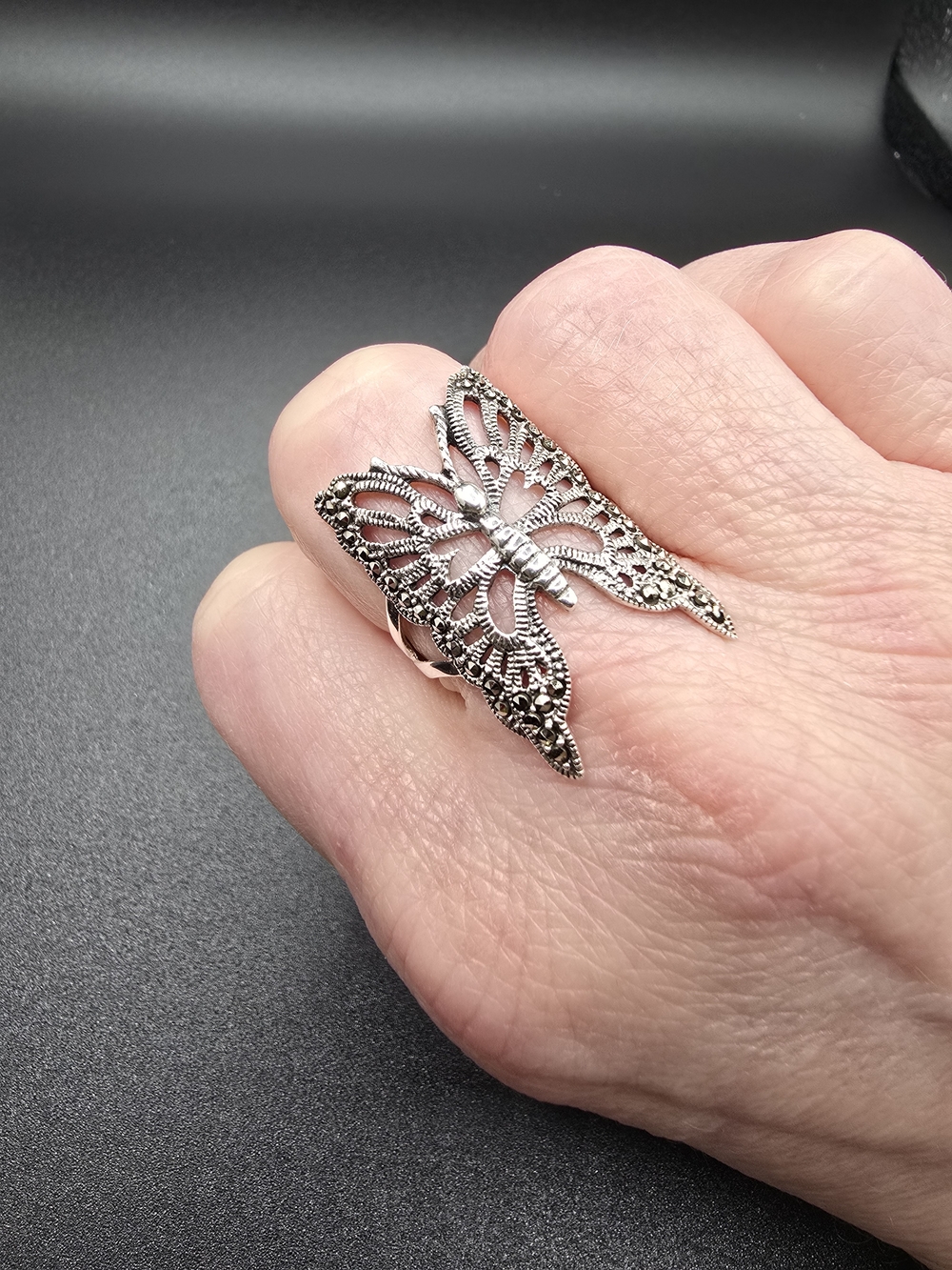Vintage Stirling Marcasite Butterfly Ring - Picture 1 of 14
